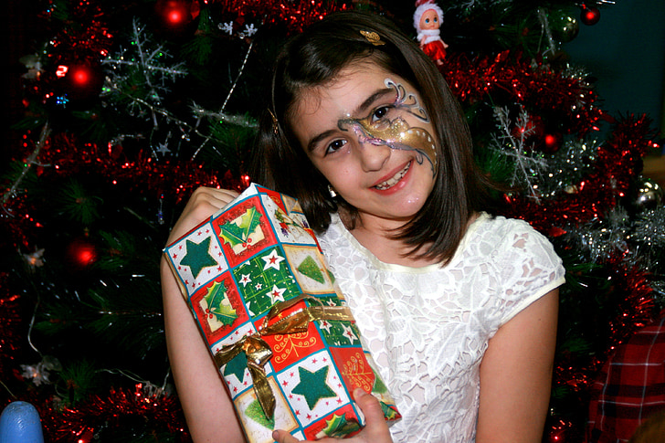 chica, Navidad, árbol de Navidad, decoraciones, días de fiesta