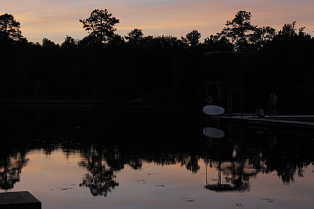 Lago, puesta de sol, árboles, muelle, reflexión, hermosa