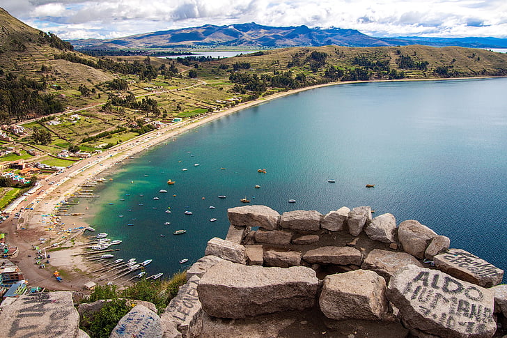 Copacabana, Bolivija, Titicaca, ežeras, kraštovaizdžio, dangus, vandens
