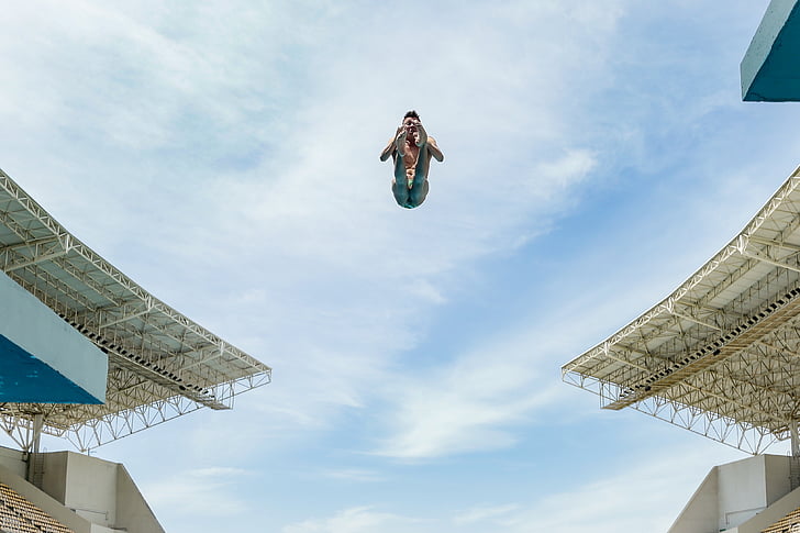 skydiving, sky, buildings, jumping people, height