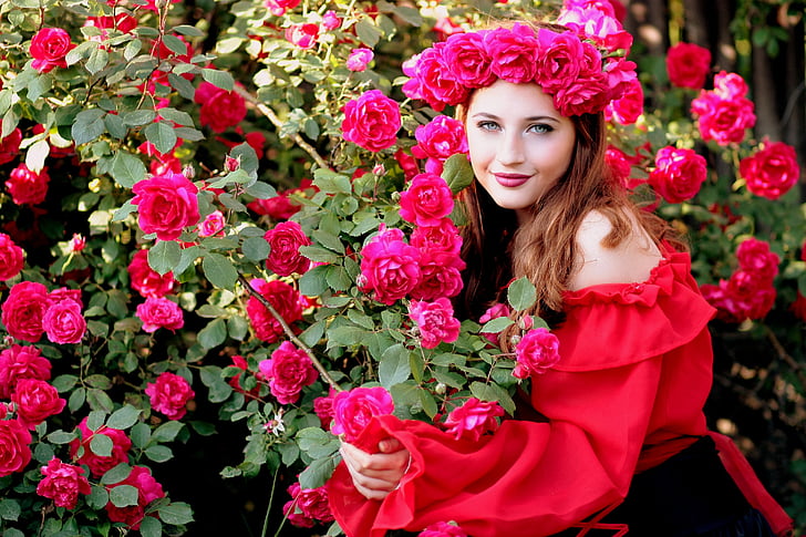 djevojka, ruža, Crveni, vijenac, cvijeće, ljepota, žene