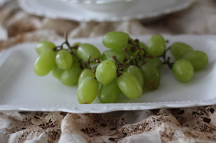 grapes, fruit, green, close-up, green fruit, white china, freshness