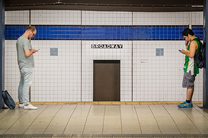 Broadway, Estação, telefone, homens, metrô, metrô, Manhattan