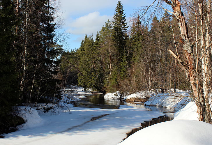 finland, landscape, winter, snow, ice, stream, river