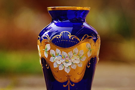 花瓶, ブルー, ガラス, 飾り, 花, ブロッサム, ブルーム