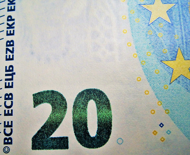 двадесет евро, детайли, Емералд-платени, нови двадесетте, лицевата страна, доларовата банкнота, 20