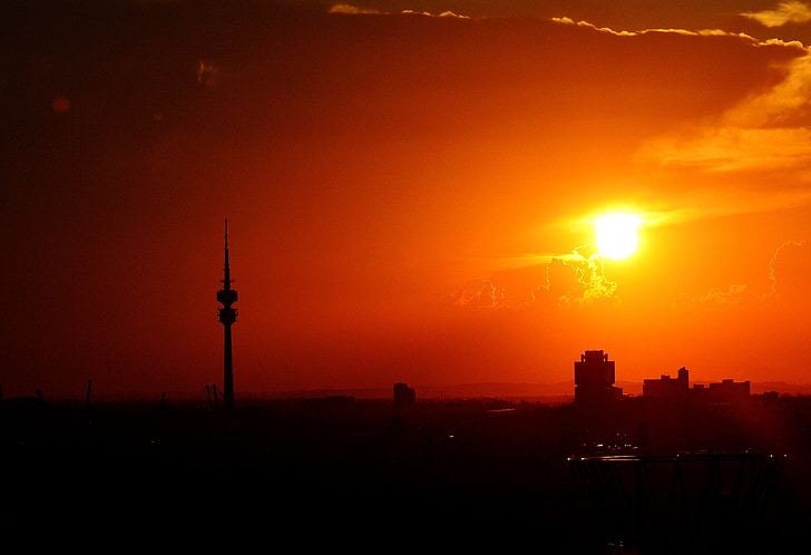 Munique, pôr do sol, silhueta, linha do horizonte, Torre de TV, Torre Olympia, céu