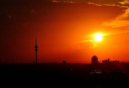 München, solnedgång, siluett, Skyline, TV-tornet, Olympia tower, Sky