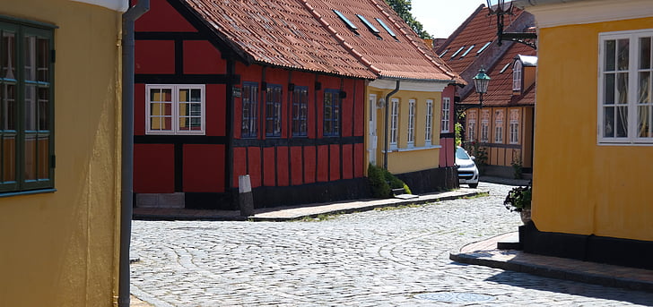 hiše, ulica, mesto, stari, kotu, Bornholm, Danska