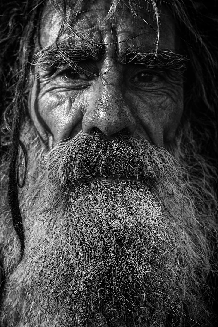 beard, black-and-white, close-up, dark, elderly, facial hair, hair
