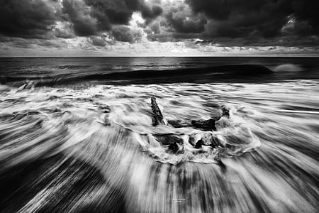 beach, black-and-white, clouds, long exposure, motion, ocean, outdoors