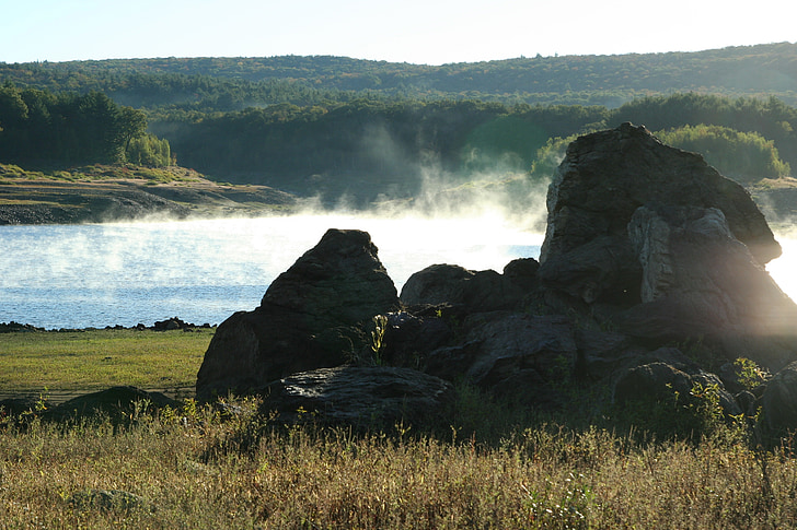 fog, rocks, water, nature, lake, mist, scene