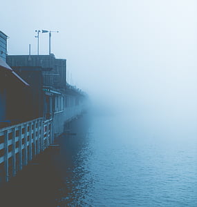 buildings, fog, houses, mist, misty, ocean, sea