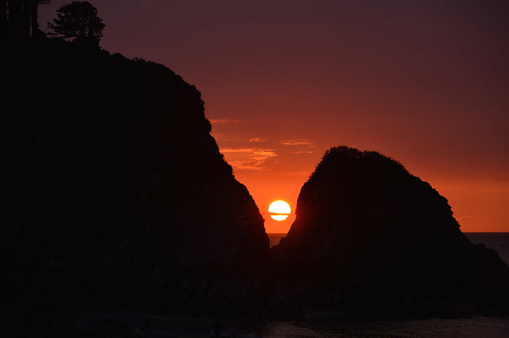 západ slnka, Lee, Devon, skaly, more, vody, červená
