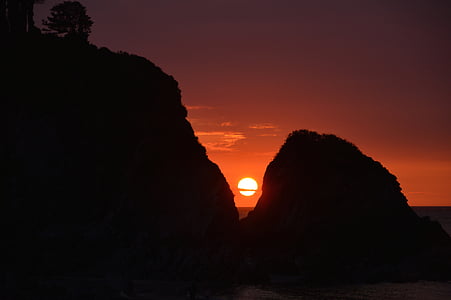 solnedgang, Lee, Devon, steiner, sjøen, vann, rød