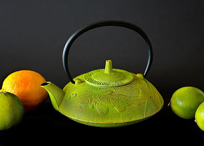 photo, green, kettle, surrounded, fruits, Teapot, Tee