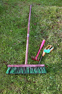 allotment, gardening equipment, broom, rush, nature, green, rake