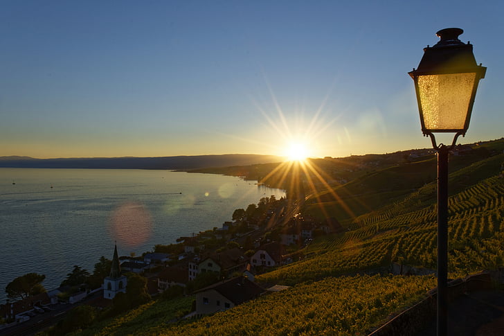 slnko, jazero, Švajčiarsko