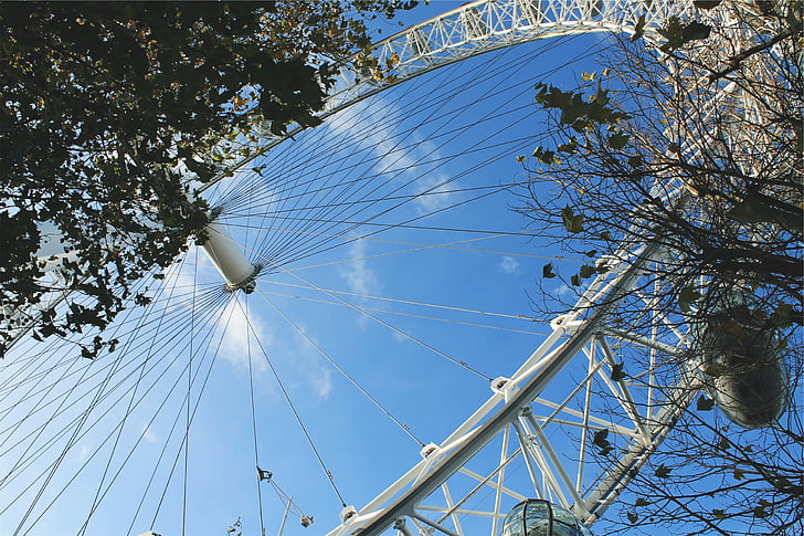 balta, ferriswheel, Ferris wheel, zila, debesis, jautri, gondola