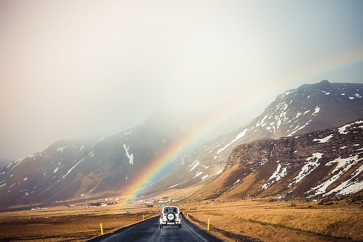 white, suv, driving, rainbow, daytime, road, highway