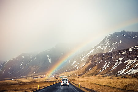 white, suv, driving, rainbow, daytime, road, highway