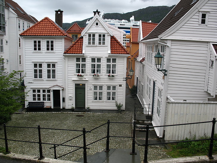 Norvège, Bergen, ville, maison, blanc, bois, architecture