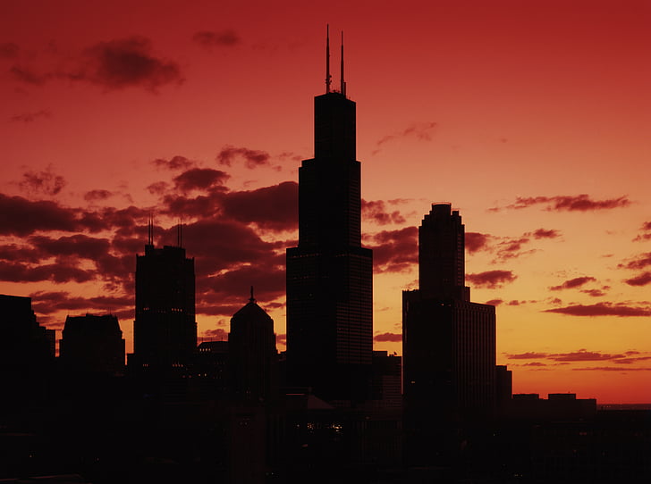 chicago, sundown, evening, skyscraper, city, skyline, silhouette