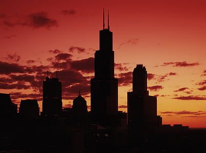Chicago, crepuscle, nit, gratacels, ciutat, horitzó, silueta