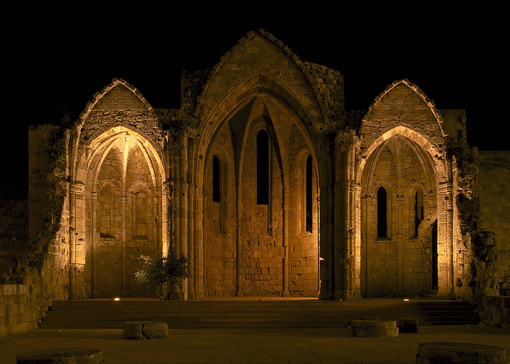 Igreja, ruínas, à noite, antiga, arquitetura, edifício, histórico