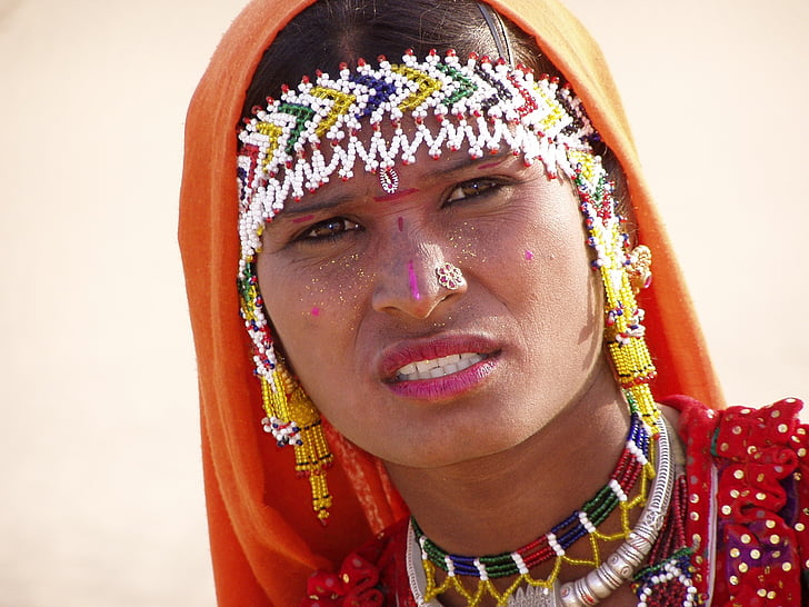 indiai nő, sivatag, nő, fejlövés, egy személy, népviselet, kultúrák