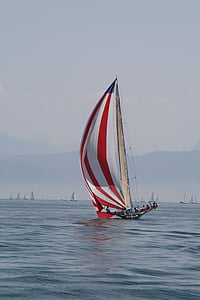 sailing boat, lake constance, fog, sail, mood
