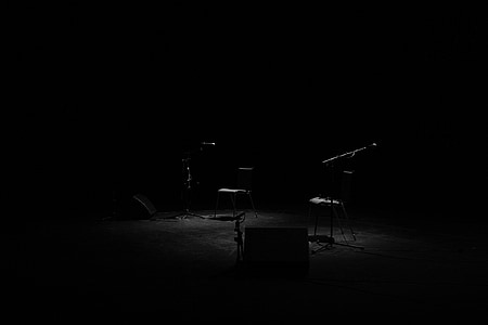 room, studio, stage, dark, microphones, chairs, empty