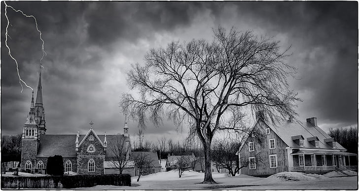 greyscale, painting, house, withered, snow, Lightning, Church