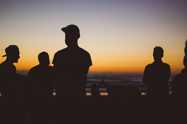 silhouette, people, near, shore, golden, hour, guys