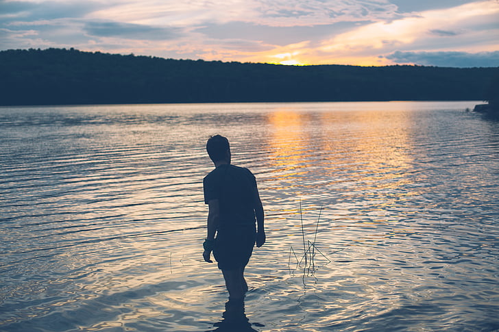 silhouette, person, body, water, distance, hill, golden