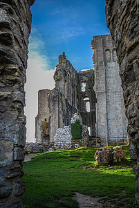 Corfe castle, Anglie, Velká Británie, Architektura, historické, obloha, tráva