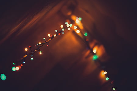 ボケ味, クリスマス ライト, 暗い, 装飾, 照らされました。