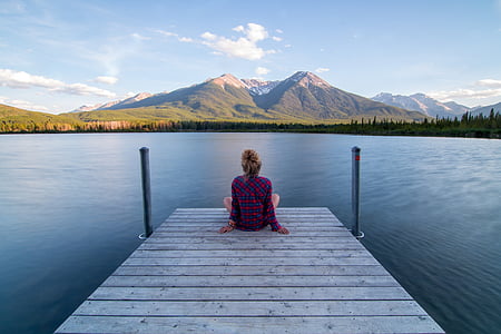 woman, sitting, dock, mountain, view, tree, water