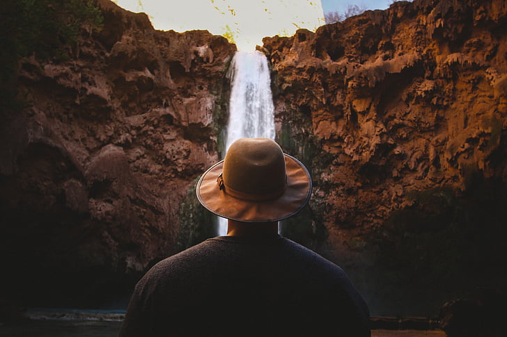 falls, nature, water, rock, man, guy, hat