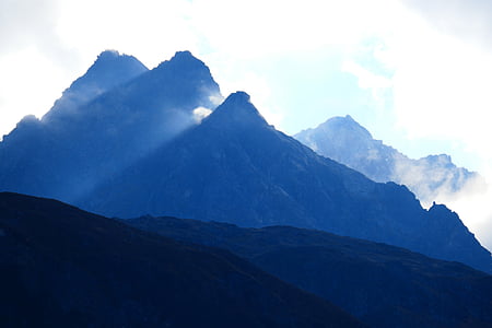 montagne, luce posteriore, stato d'animo, blu, nuvoloso, nebbioso, sole