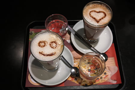 koffie, Café au lait, gezicht, hart, milchschaum, dranken, warme chocolademelk