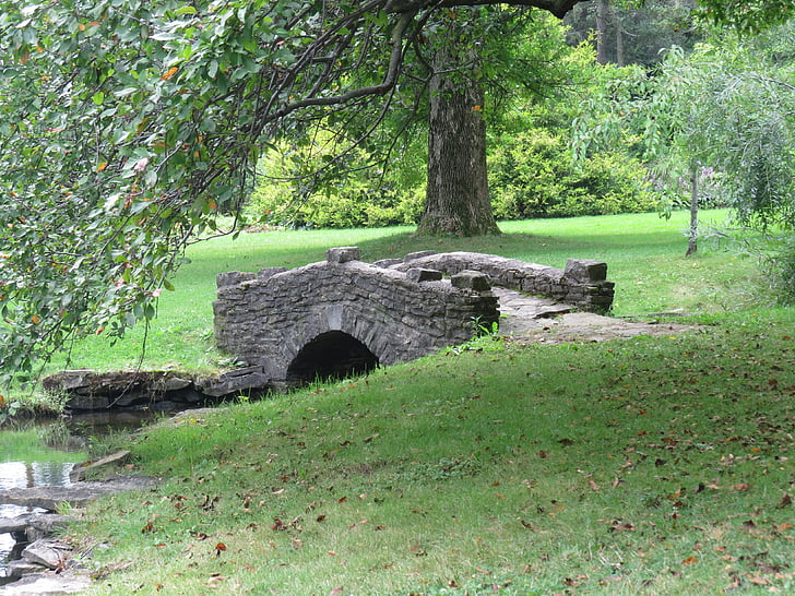 puente, piedra, Parque, árboles, hierba, verde, al aire libre