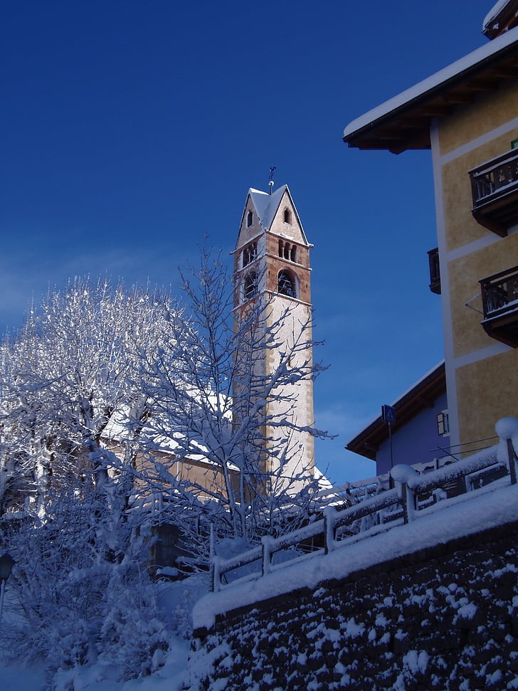 kyrkan, Val di fiemme, Trentino, vinter, snö, historiska, katolska