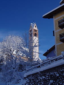 templom, val di fiemme, Trentino, téli, hó, történelmi, katolikus