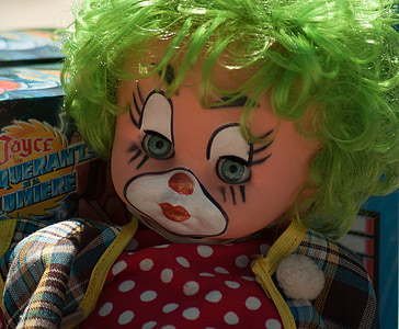 clown, docka, loppmarknad, leksaker