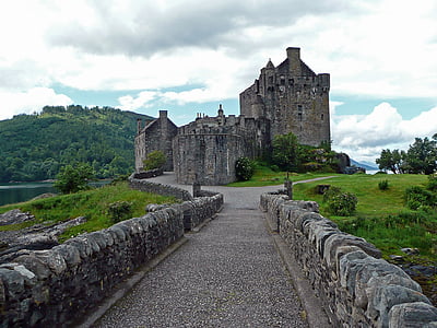 eilean donan castle, castle, scotland, masonry, landscape, clouds