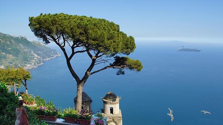 Italia, Pantai Amalfi, Ravella, Taman, pemandangan laut, lebar, mimpi