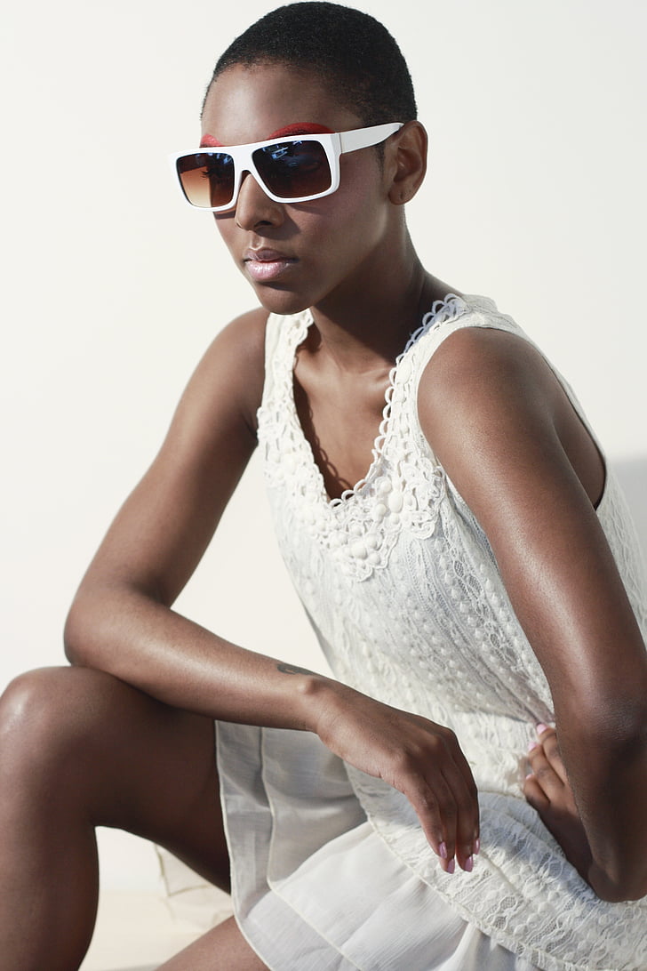 óculos de sol, vestido branco, moda, modelo, jovem, fêmea, estilo
