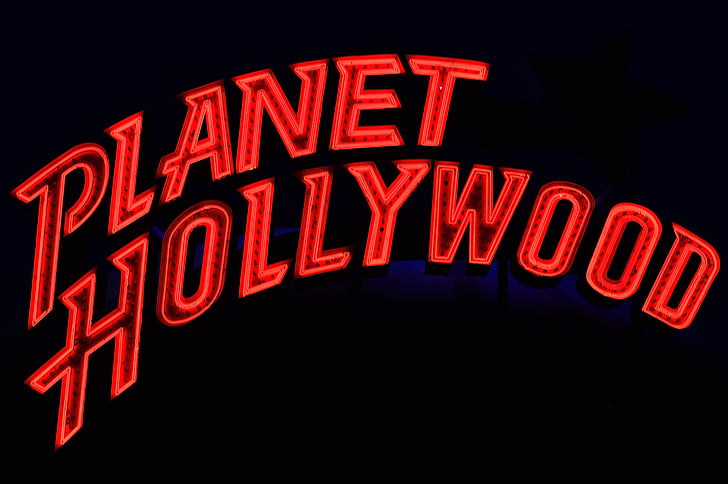 Planet hollywood, néon, la publicité, enluminés, signe, annonce, lumière