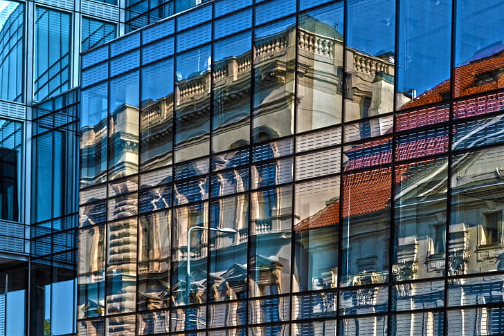 edifício, reflexão, janela, vidro, arquitetura, Prague, vidro - material